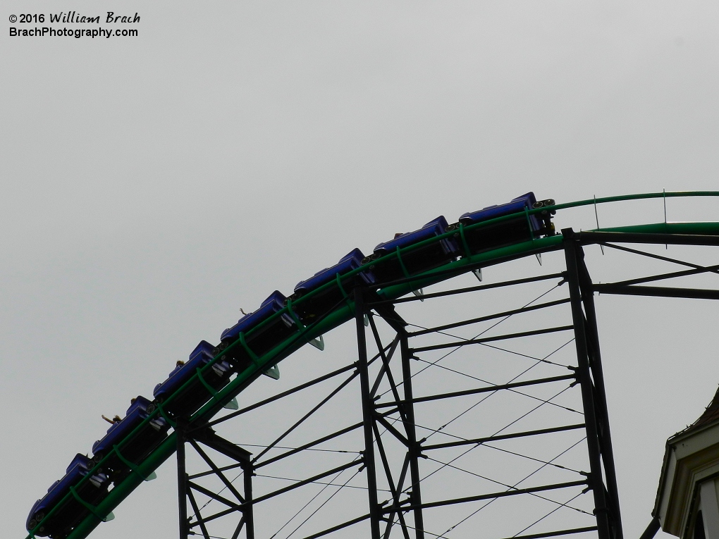 Train going down the second and largest hill on Phantom's Revenge.