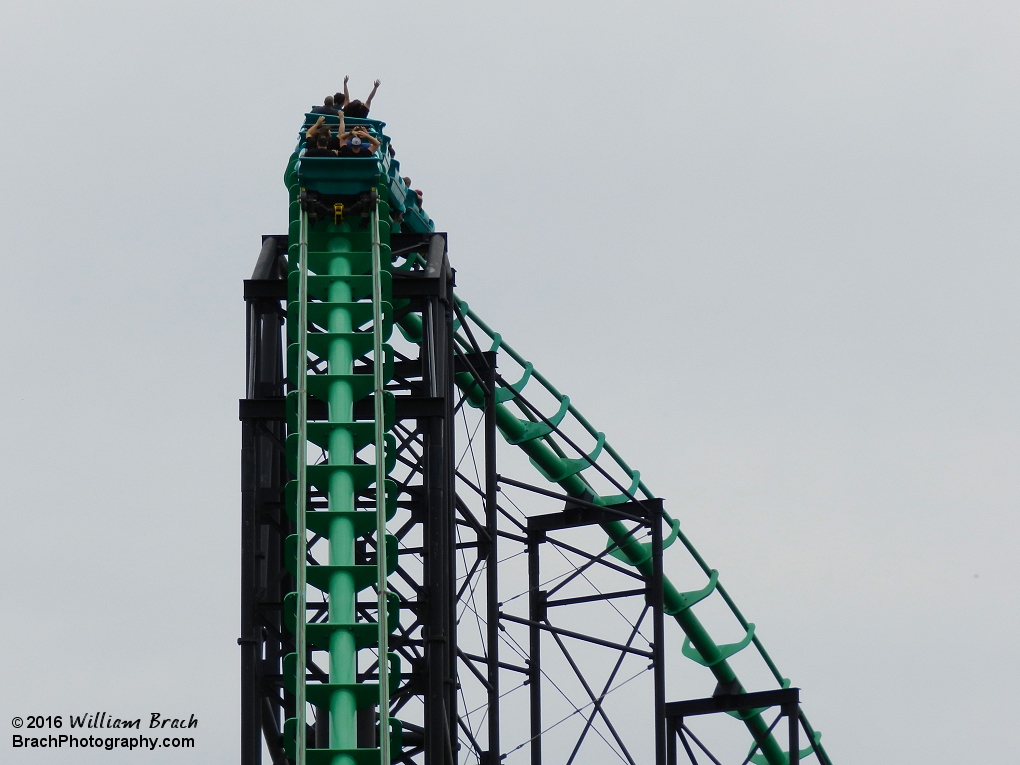 Phantom's Revnege train going over the second hill.