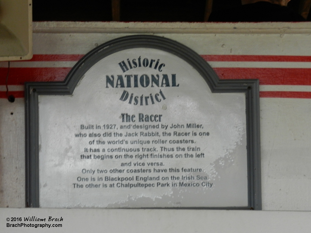 Racer is one of those excellent rides at Kennywood that have this Historic District plaques.