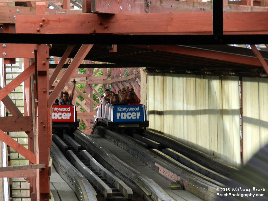 Coaster trains entering the brake run.