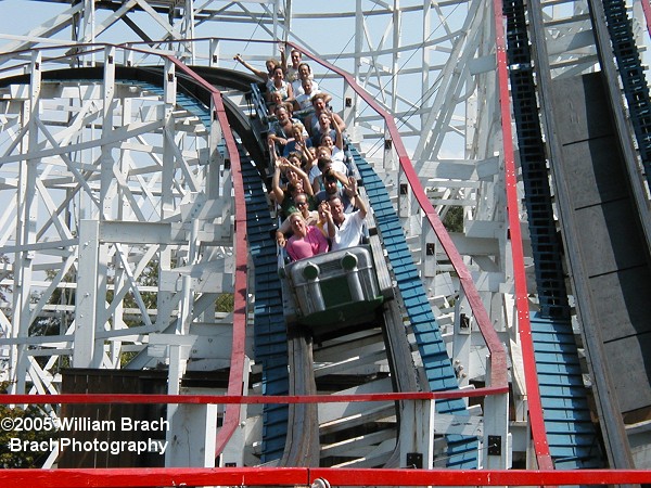 Thunderbolt uses the original tin trains that opened with the ride in 1968.