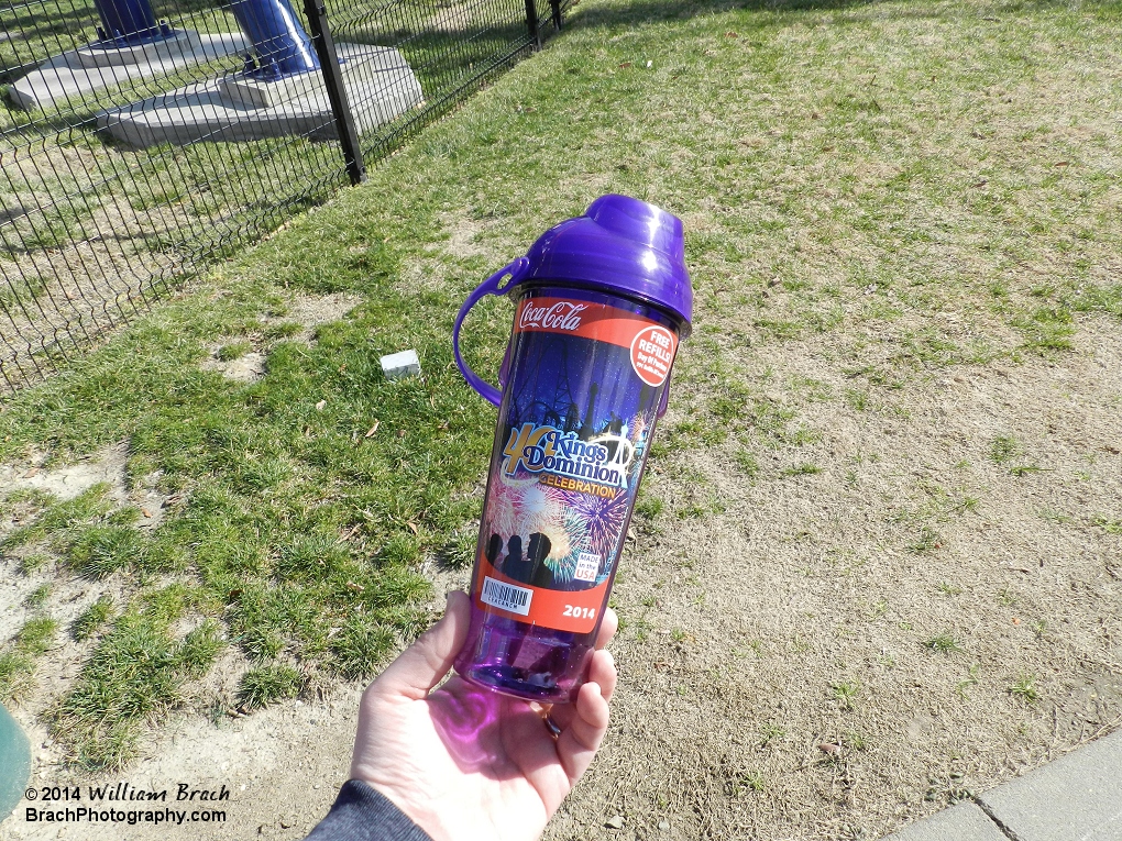 The 2014 souvineer cup for Kings Dominion is purple and the park is celebrating their 40th Anniversary over the 2014 and 2015 seasons.