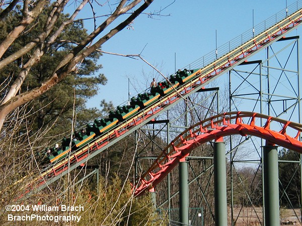 Anaconda was stuck on the lift hill on Opening Day 2004.  One of the ride-ops is up on th elift hill checking on the riders.