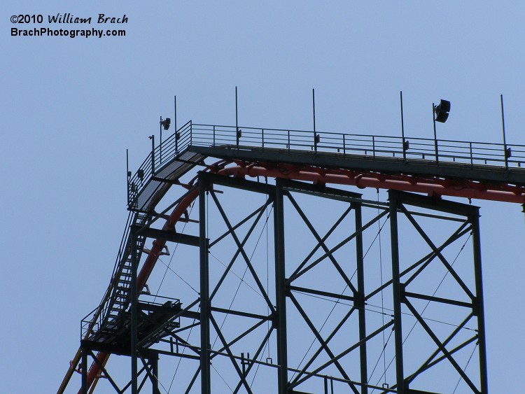 Closer view of the top of Anaconda's 128ft tall lift hill.