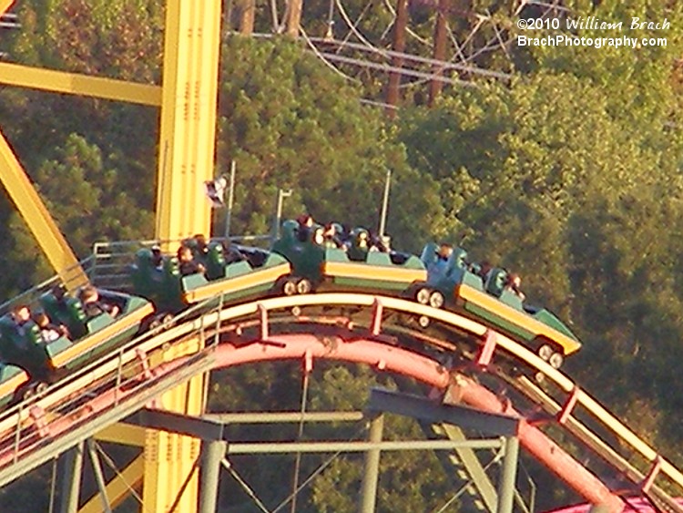 Train cresting the lift hill as seen here from the Eiffel Tower.