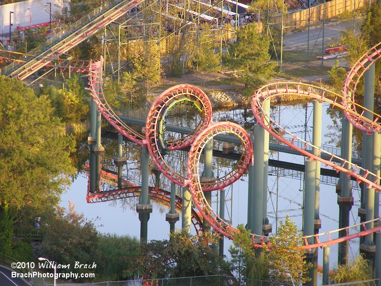 The ride ends with two corkscrews and a fly-under of the lift hill before hitting the brake run.