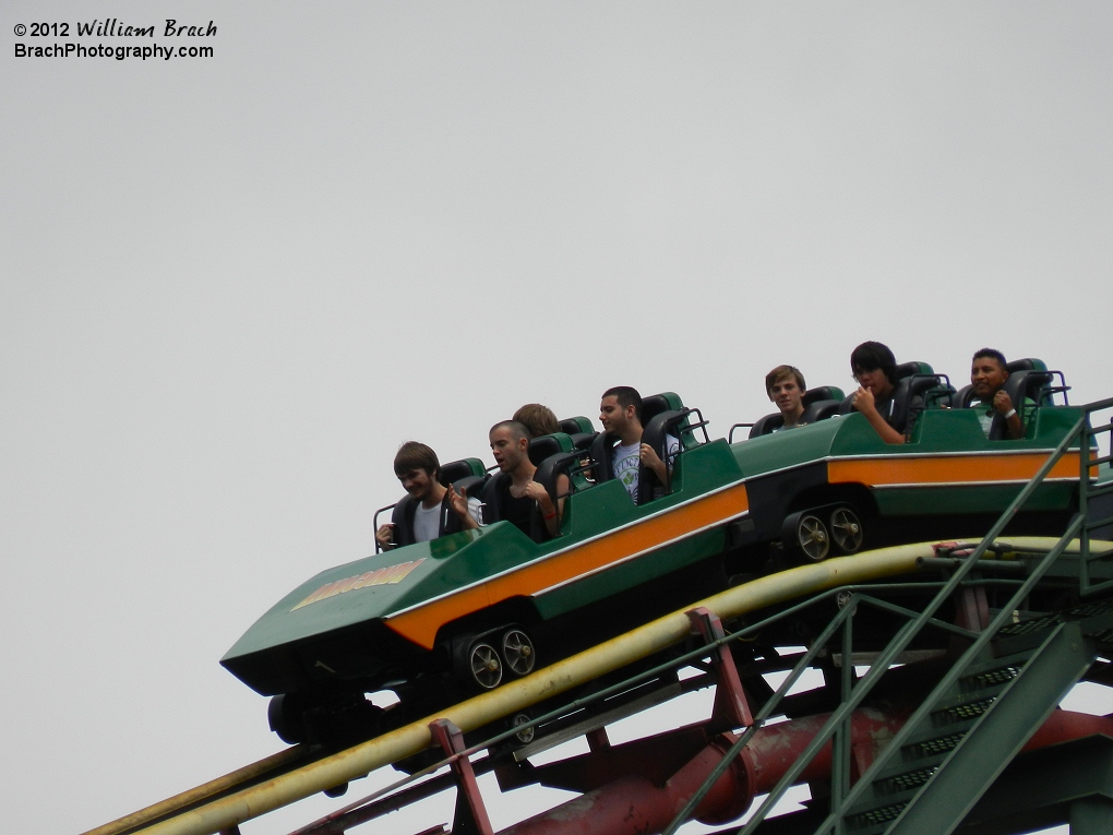 Train cresting the lift hill on Anaconda.