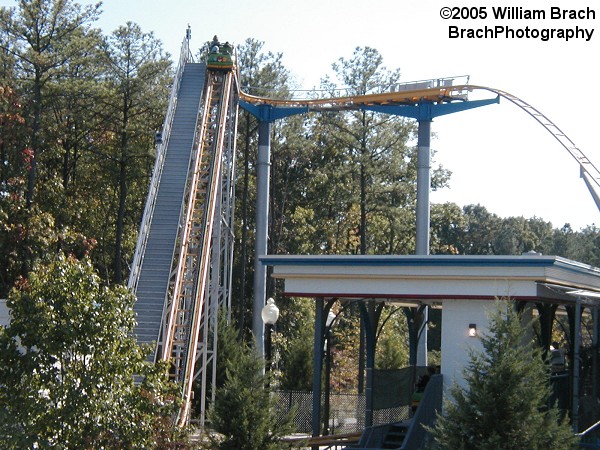 Train car going up Ricochet's lift hill.