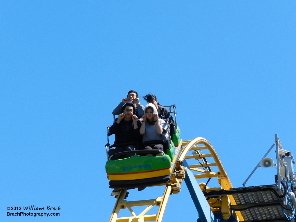 Group of friends posing for the on-ride camera!