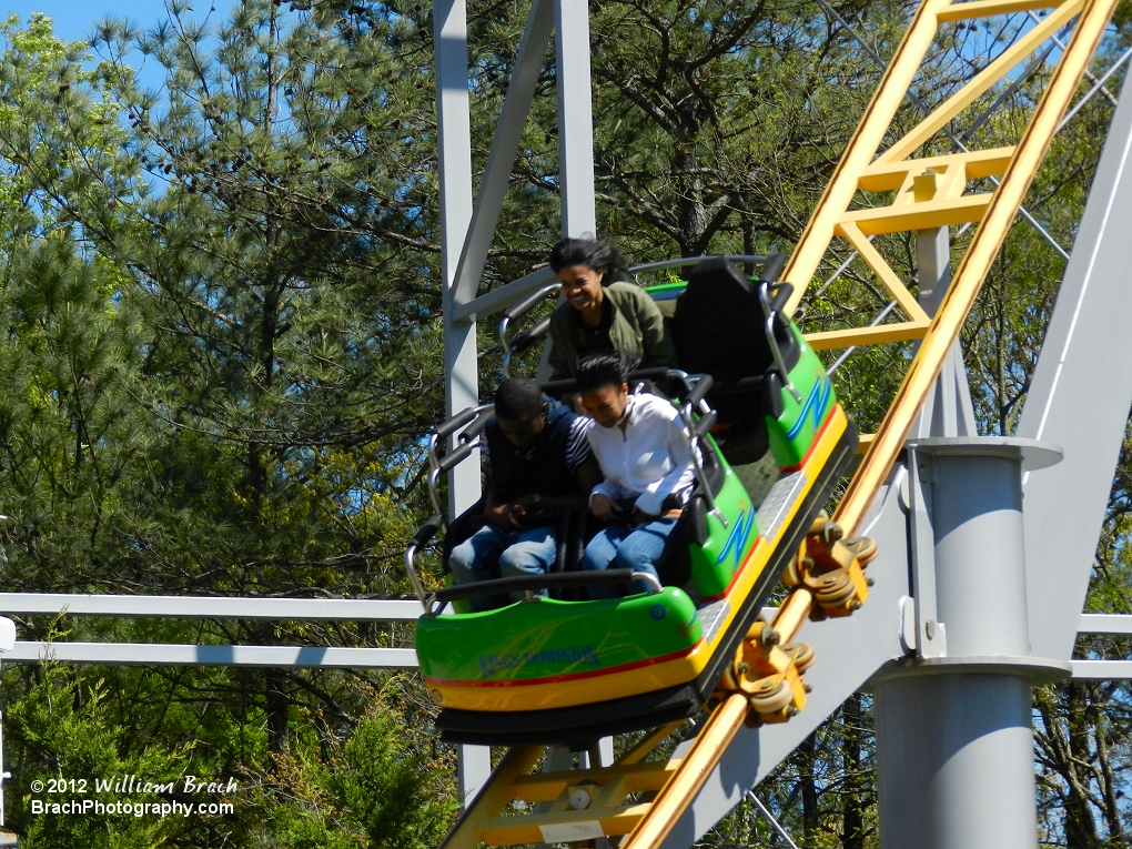 Ricochet train car going down the first drop.