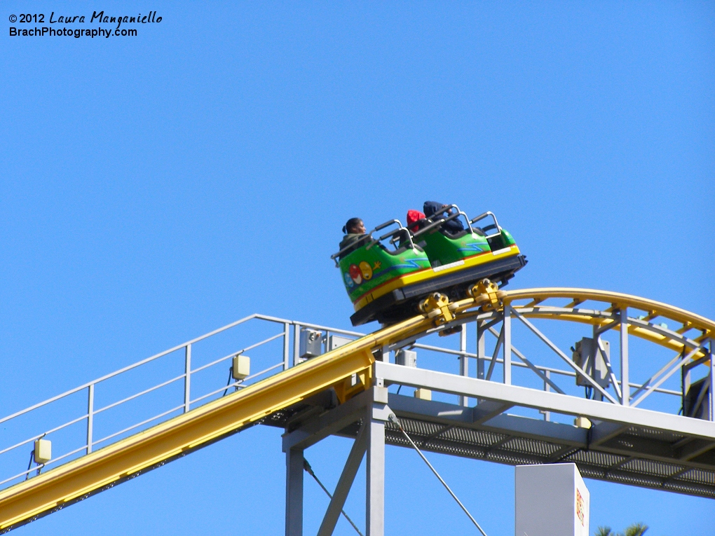 Ricochet train car going up the lift hill.