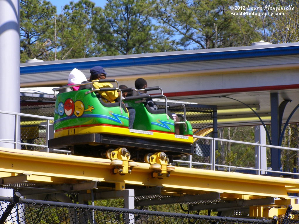 Ricochet train car going through the brakes back to the station.