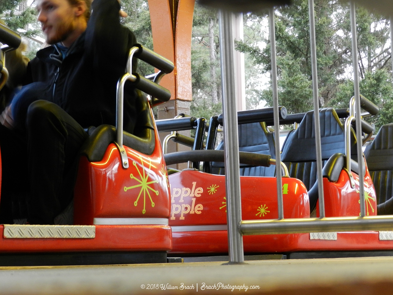 Ricochet is now known as Apple Zapple and the entire coaster got a fresh coat of paint.  Here's what the train cars look like now.