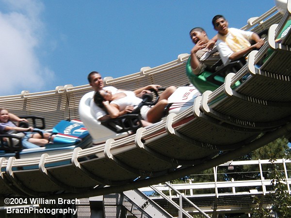 Coasters can certainly make you feel different while riding.  For example, here's a woman that's relaxing like she's a goddess while riding in the USA coaster car on Avalanche.  Either that or she likes using her guy as an easy chair.