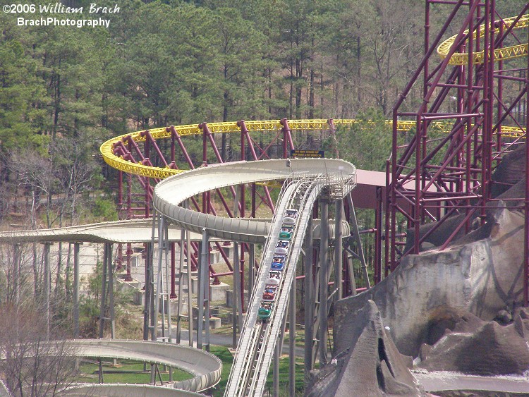 The lift hill on Avalanche seen from the Eiffel Tower.