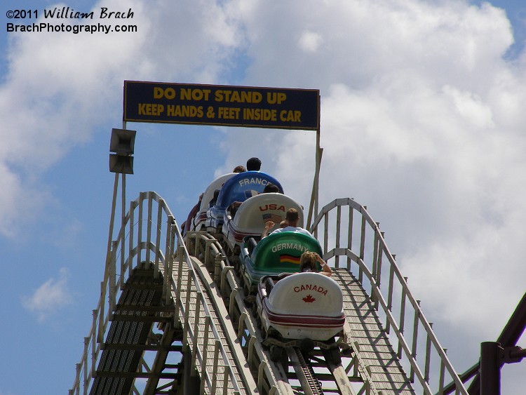 Train is cresting the lift hill, about to begin the course.