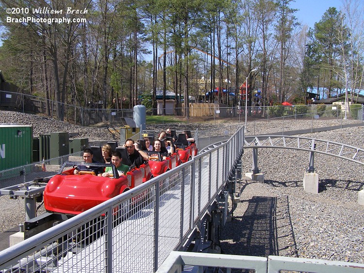 Red train in the brake run.