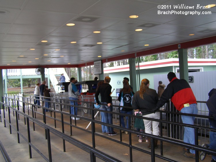 Very empty station on Opening Day 2011.  Normally in mid-season, this station's queue line is packed.  The Blue Ridge Tollway is also known as Blue Ridge Bloodbath in the Halloween months at Kings Dominion and is a very popular ride that time of year too.