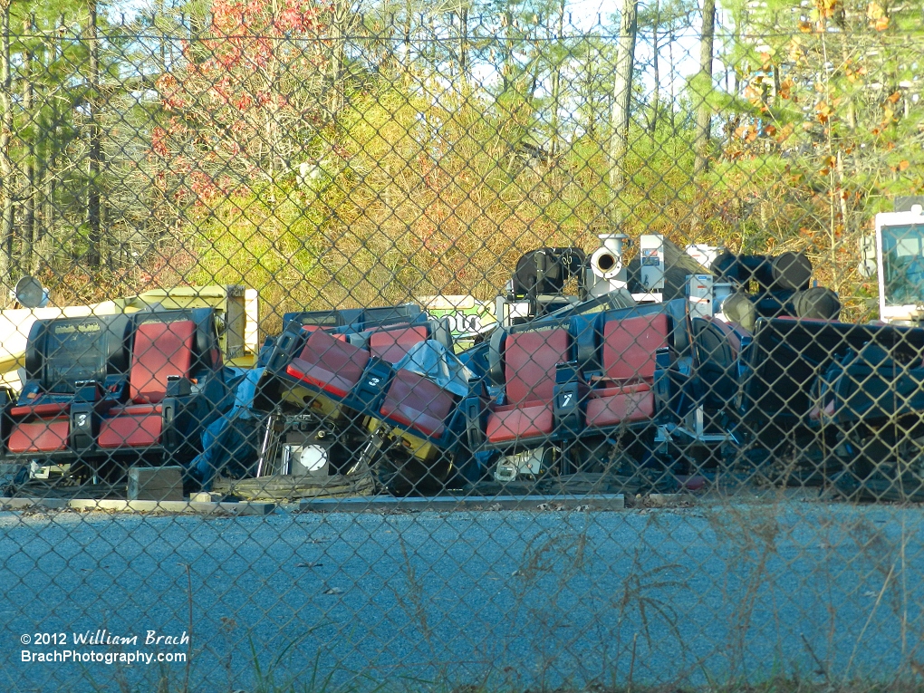 Action Theater seats sitting in the Kings Dominion Boneyard.