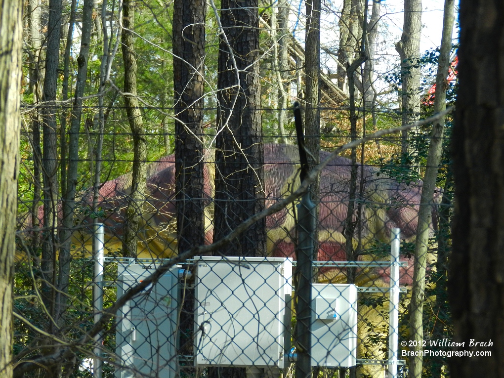 Also new for 2012 with Windseeker is Dinosaurs Alive!  Here we can see one of the dinosaurs being installed through the trees from outside the park.