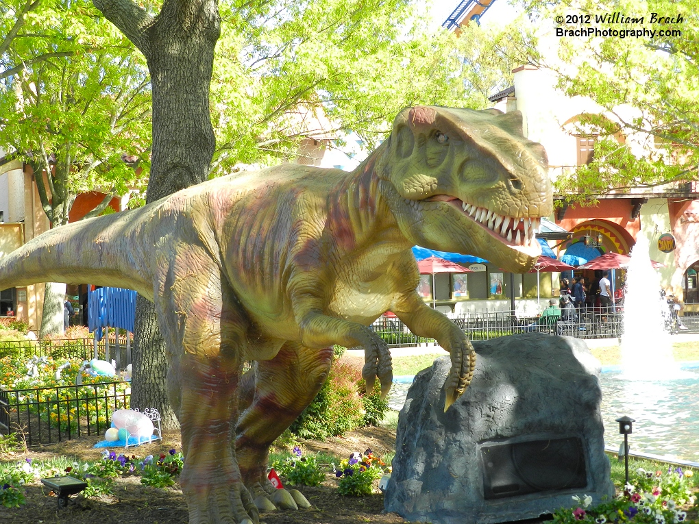 An animatronic setup in the front of the park to encourage visitors to visit the new for 2012 Dinosaurs Alive exhibit.