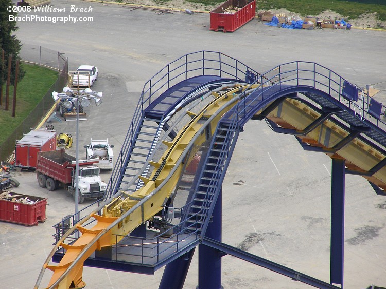 The top of Dominator's lift hill.  The park has yet to finish painting the yellow lift hill orange to match the rest of the ride.