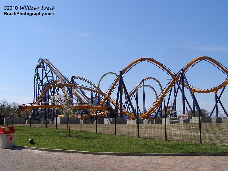 Most of Dominator is visible here.  Dominator opened originally at Geuaga Lake in Ohio.  Cedar Fair closed the Ohio park, and relocated Dominator to Kings Dominion for the 2008 season.