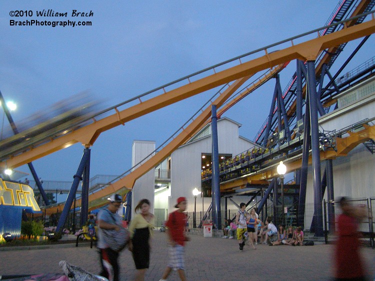 Entrance, Station and the waiting area at dusk.