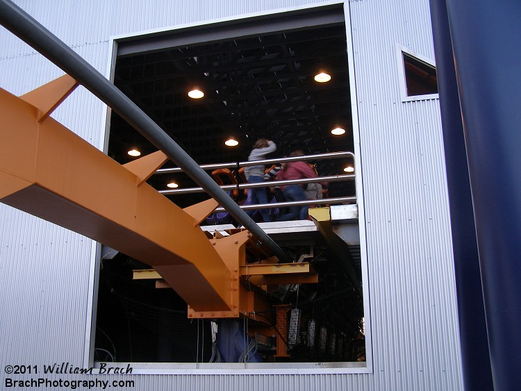 Floorless coasters have a really cool fllor that lowers and falls away from the train to allow it to roll out of the station.  Here we see the floor in the closed position.