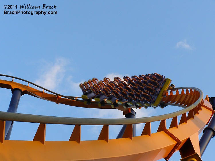 Dominator's empty train going down the first drop.