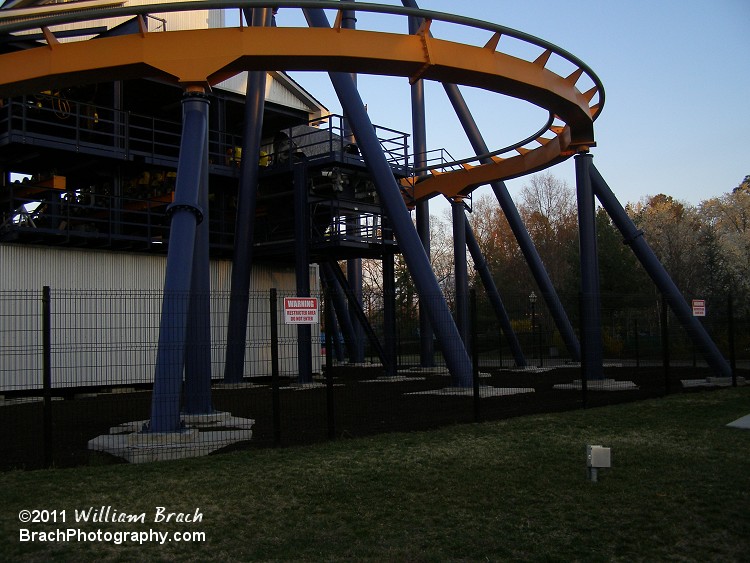 Dominator's transfer track building stores the three Dominator trains.  Dominator was running two of three trains on Opening Day 2011.