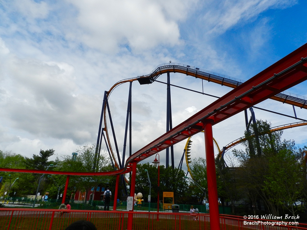 Another different perspective view of Dominator's lift hill and there's a train in the loop.