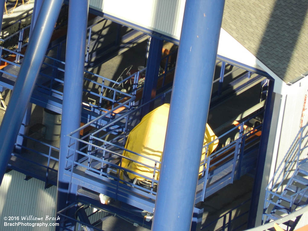 When Dominator was built in Ohio originally, a good portion of the coaster's track was over water - thus requiring B&M to provide a maintenance ball as seen here covered up under the tarp.