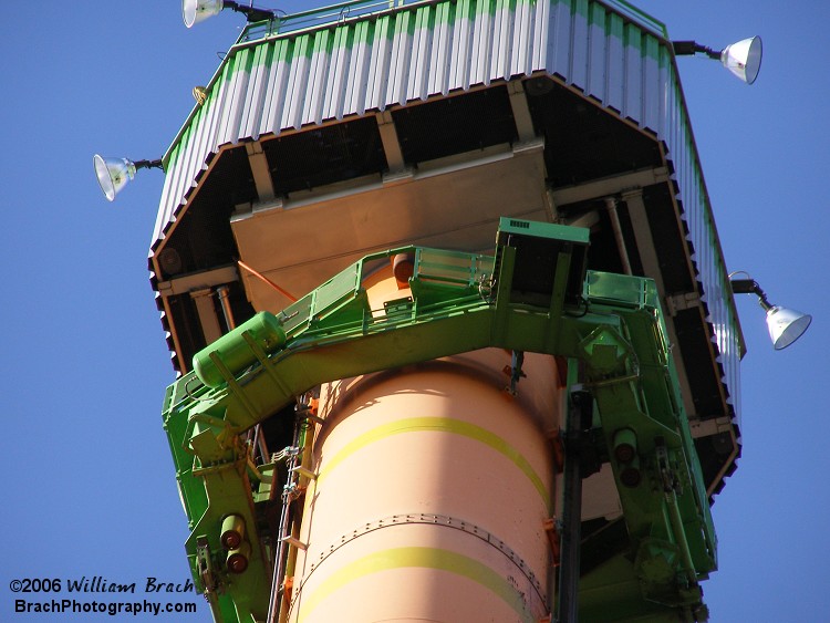 A closer look at the top of the Drop Tower's tower.