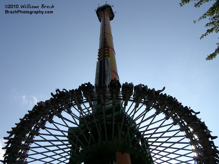 Zero zoom used in this photo.  Ground level, looking upwards at the Drop Tower as the gondola begins to rise up to the top.