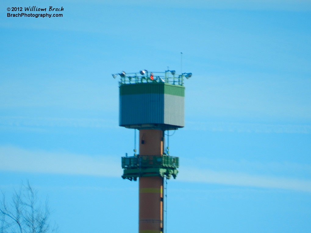 The park stores the ride's lifting mechanism at the top of the tower - to keep the cables protected from the harsh winter weather.