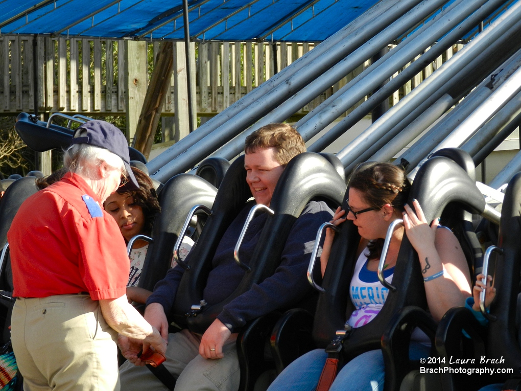 Drop Tower Fran helping me get secured in.