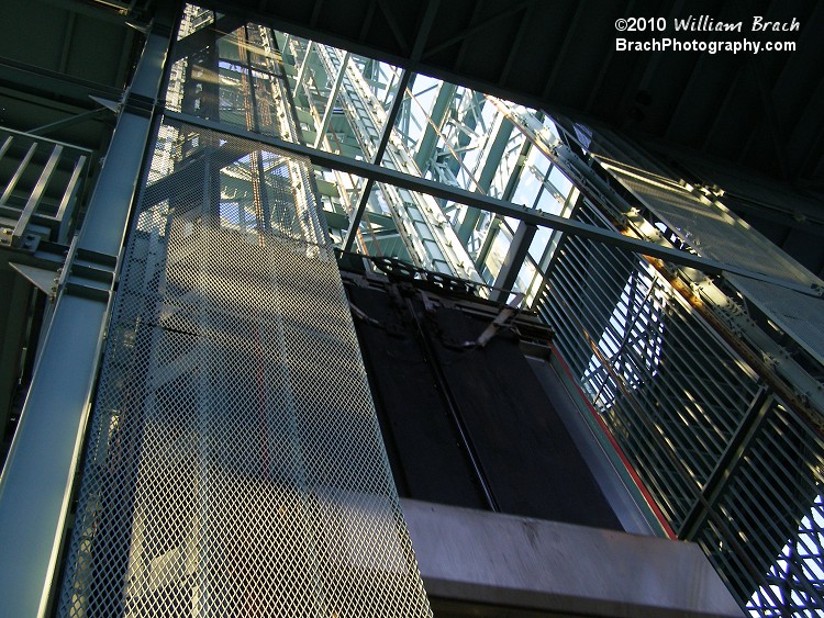 Looking up at the elevator shaft.  The elevator is on its way down right now.