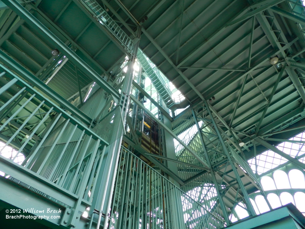 Looking up at the elevator shaft at the Eiffel Tower.