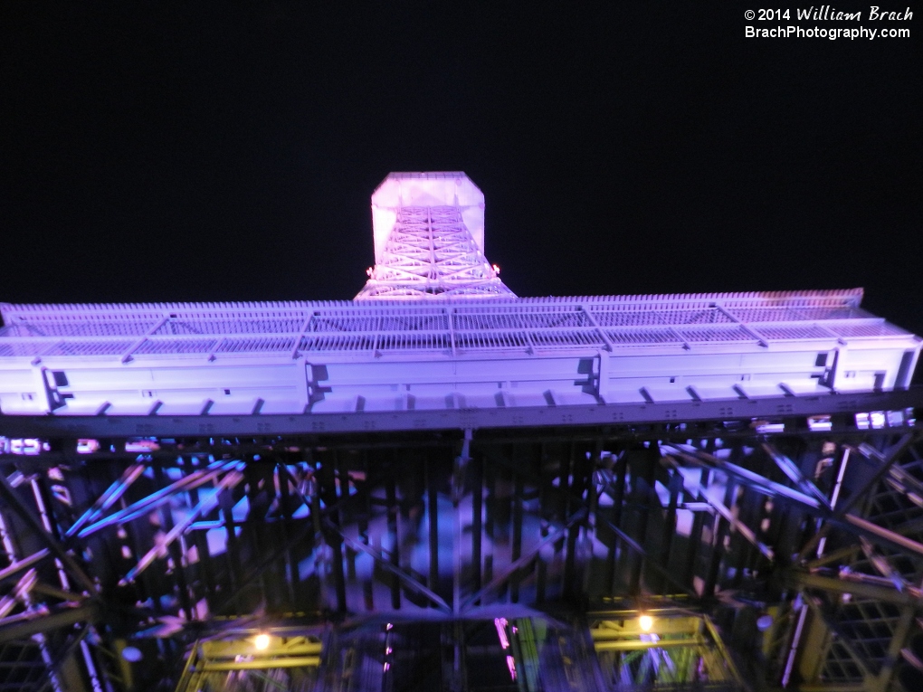 Kings Dominion's iconic Eiffel Tower at night.