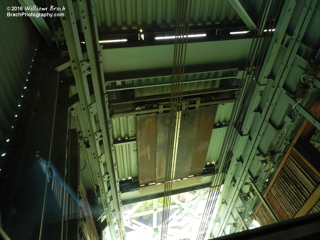 Looking down the elevator shaft on Kings Dominion's Eiffel Tower.