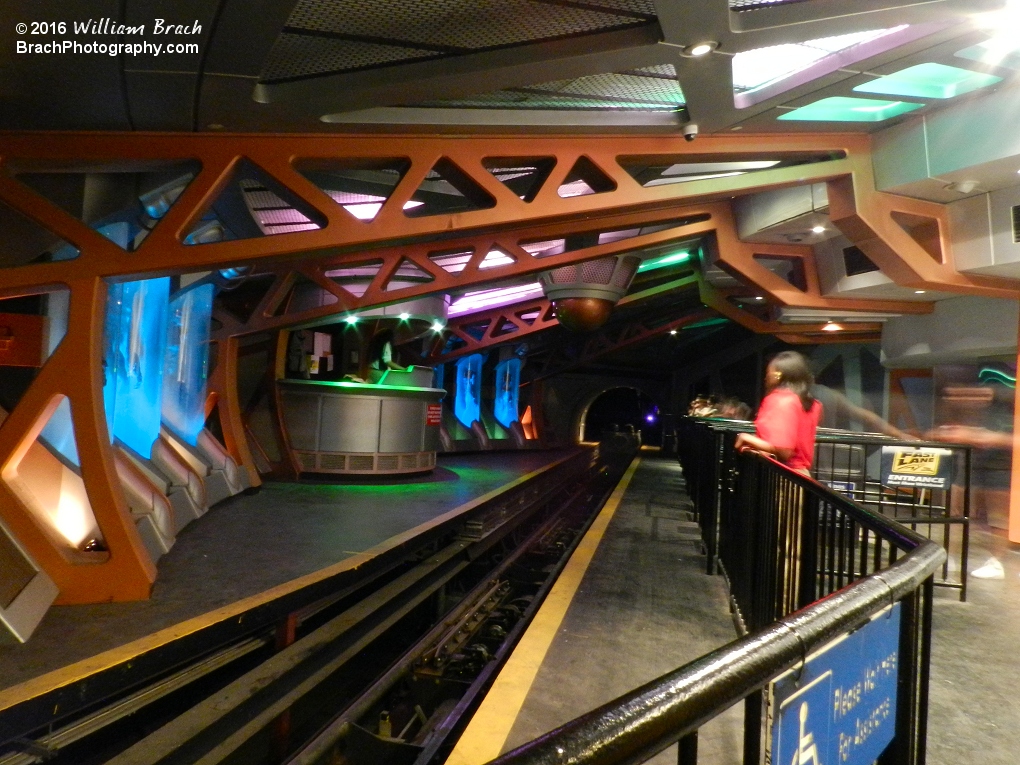 Flight of Fear train was just launched out of the station.