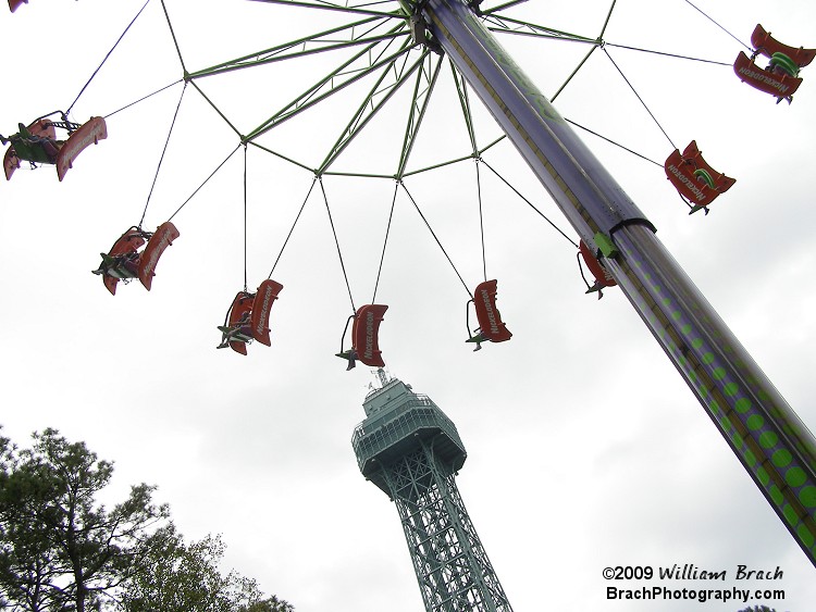 Looking up at the Flying Ace and Eiffel Tower.