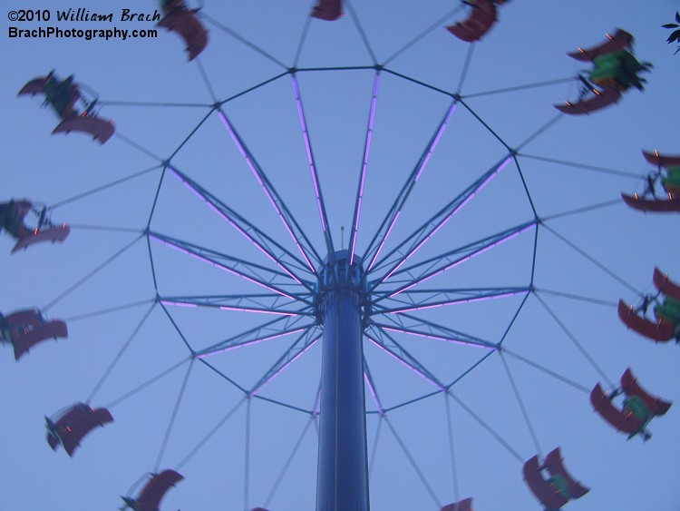 Looking up at Flying Ace in flight through the fog from the Hunat's fogger machines.