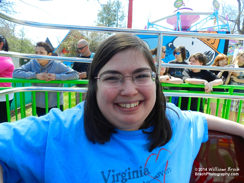 Laura giving me a good smile from insdie the cabin on the Flying Ace Balloon Race.