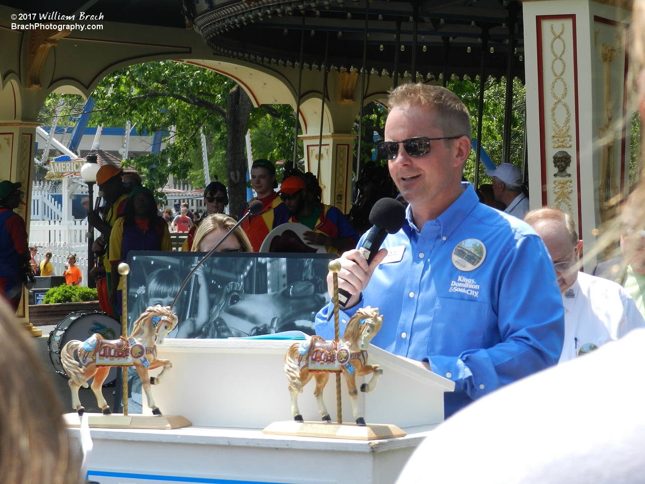 Gary Chadwick, the General Manager of Kings Dominion makes welcoming remarks and introduces special guests to commemorate the Carousel's 100th 