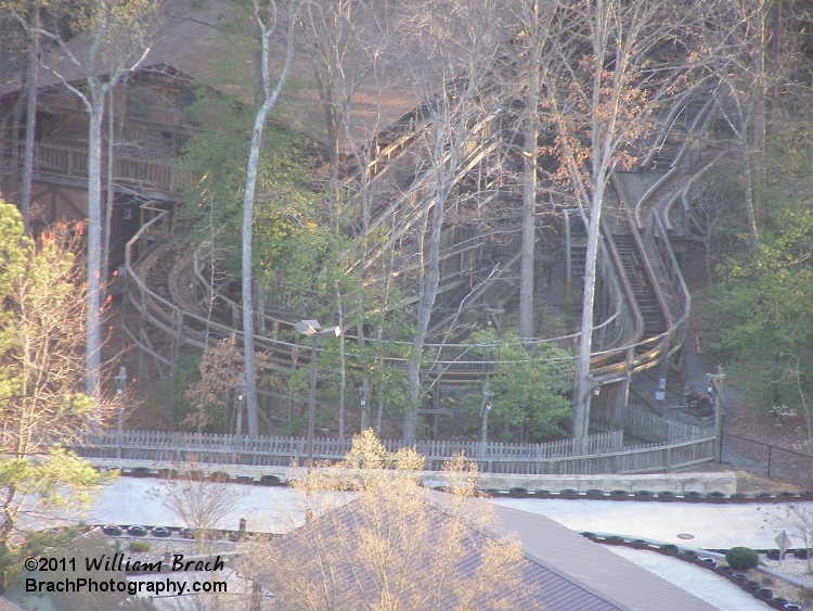 Here we see the station and track leading to the transfer track and the lift hill on Grizzly from the Eiffel Tower.