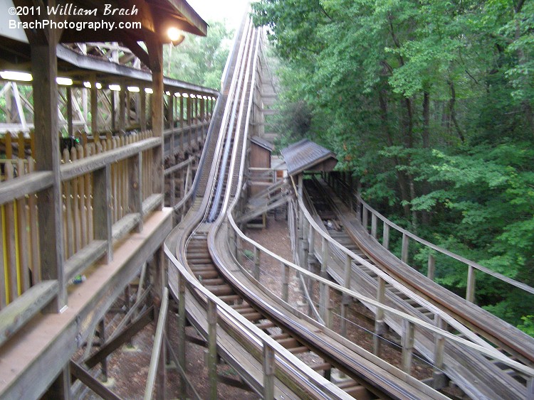 Grizzly's lift hill and storage track seen here.