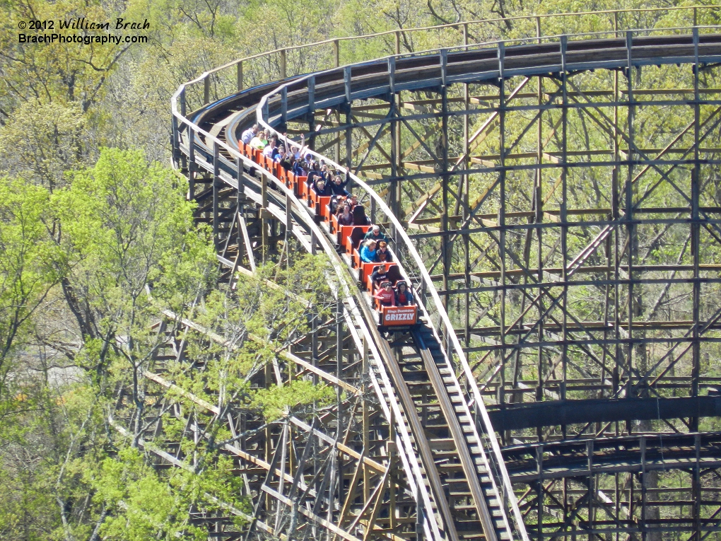 Grizzly's orange train going down the second drop.