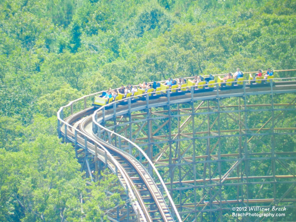 Yellow train heading towards the second drop.